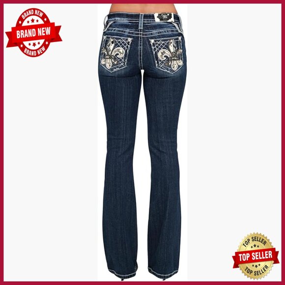 Mid-Rise Bootcut Jeans with Fleur de Lis Embellished Pockets Stretch Denim